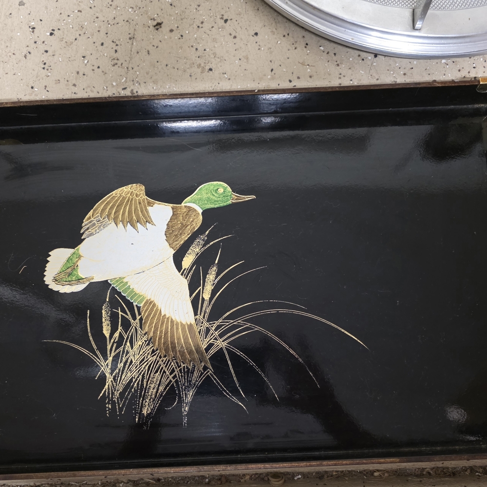 Otagiri Black Lacquer Tray with Gold and Green Duck Motif